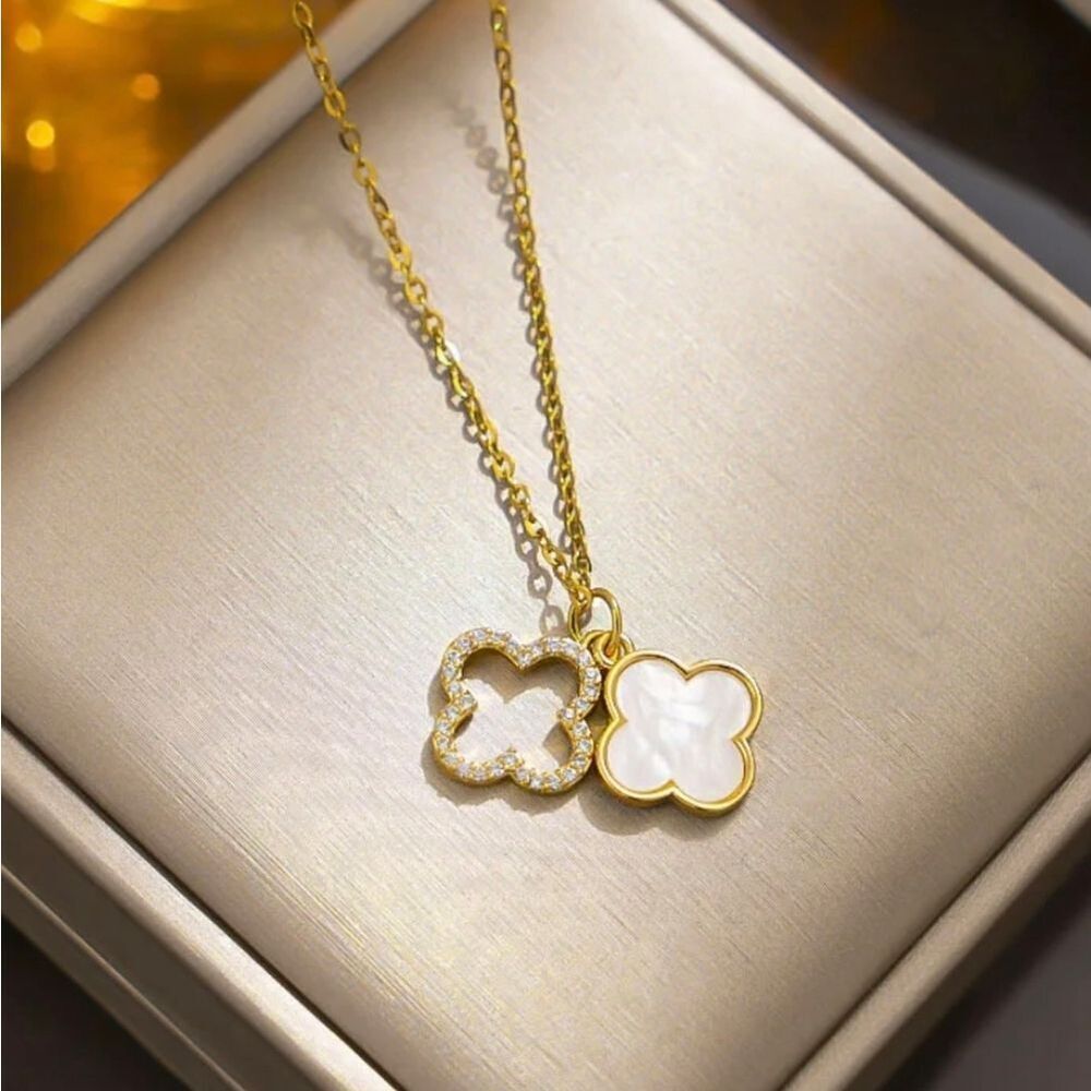 18K Gold Plated Diamond White Clover Necklace